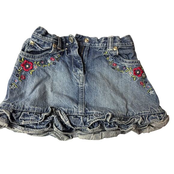 Sz 3 Vintage Gymboree Denim Jean Skirt Embroidered Flowers Ruffle 90s Y2K - Picture 2 of 11